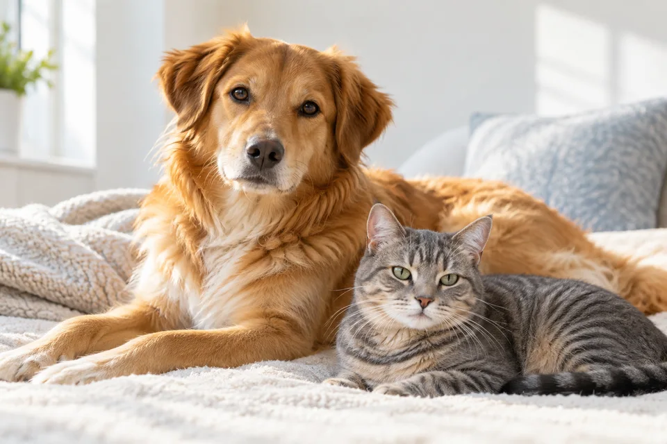 Imagem ilustrativa de um cão e um gato tranquilos em casa