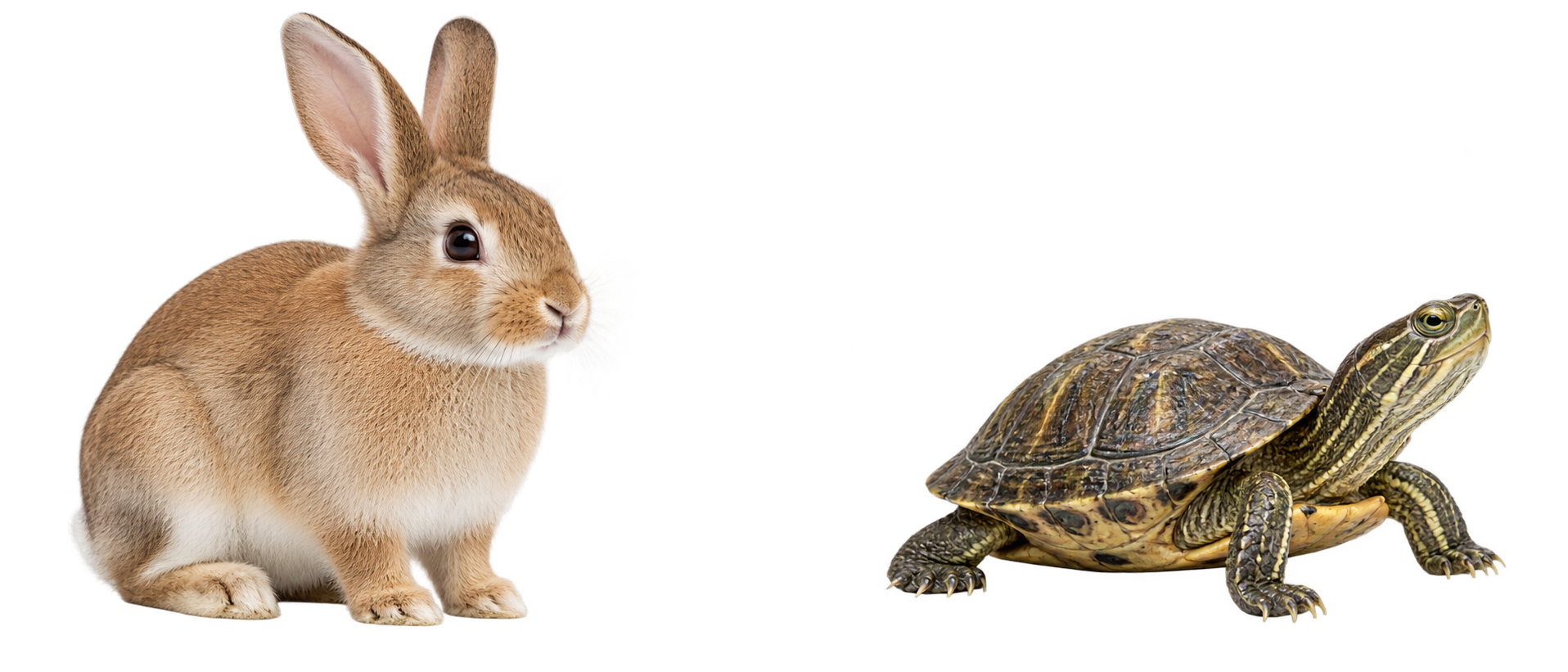 Ilustração de um coelho e de uma tartaruga, apresentados separadamente